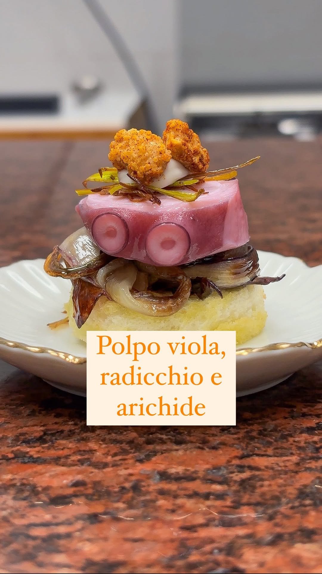 Radicchio tardivo, polpo (che dovrebbe essere blu😅, ma è stato poco in acqua) porro e arachide sabbiato alla paprika questo abbinamento è molto carino